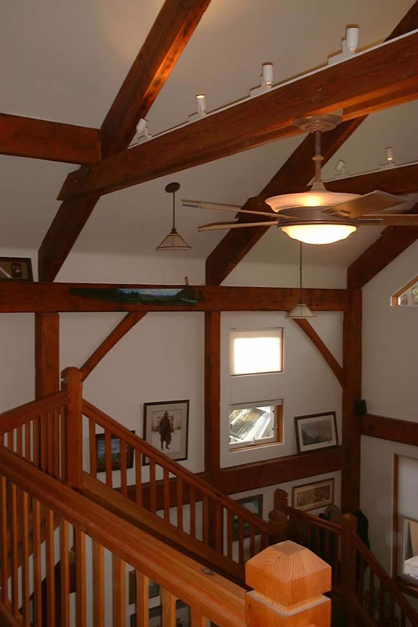 Reclaimed Beams and Timbers, Interior Timber Frame Construction View of Great Room from Balcony